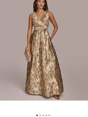 Donna Karan Gold Floral Jacquard V-Neck Maxi Dress
